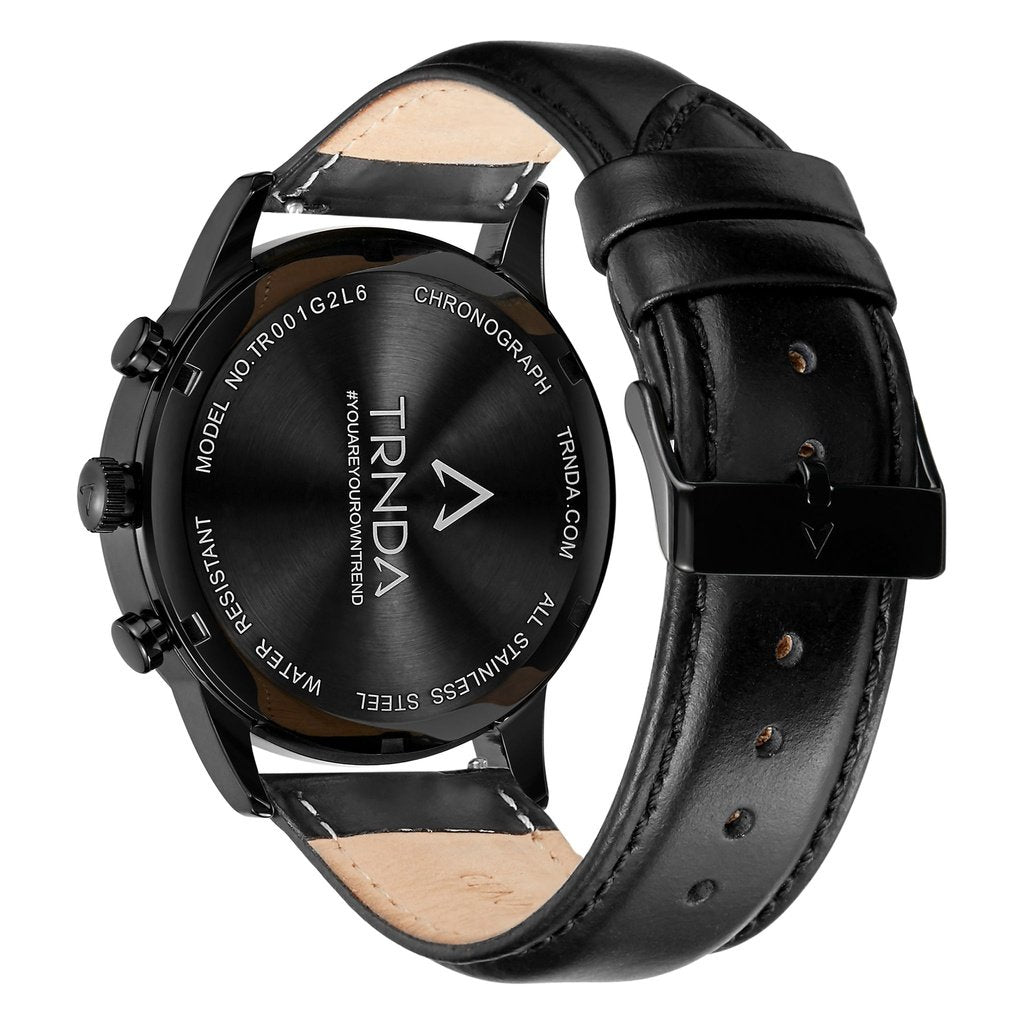 TRNDA Men's Stainless Steel Watch, Black Leather Band | TRN-43BLK-3