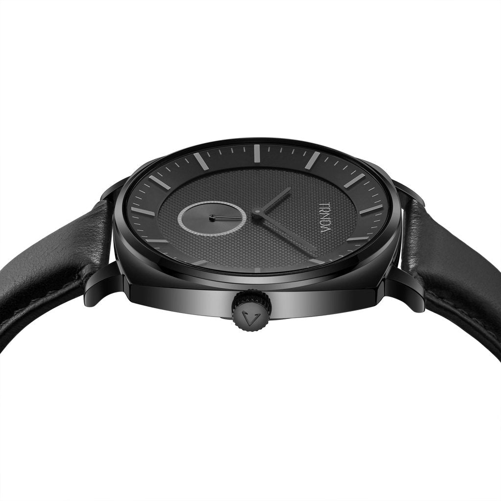 TRNDA Men's Black Stainless Steel Watch, Leather Band | TRN45MM-2