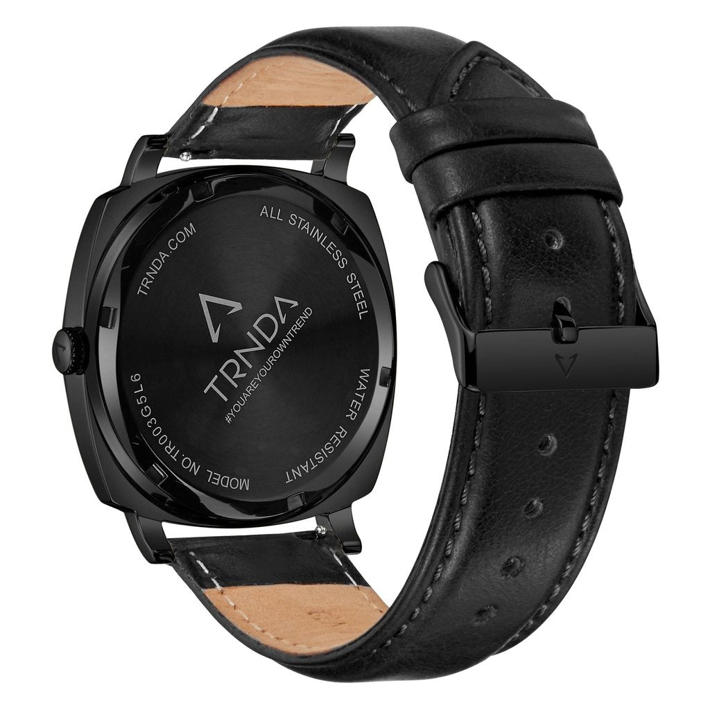 TRNDA Men's Black Stainless Steel Watch, Leather Band | TRN45MM-3