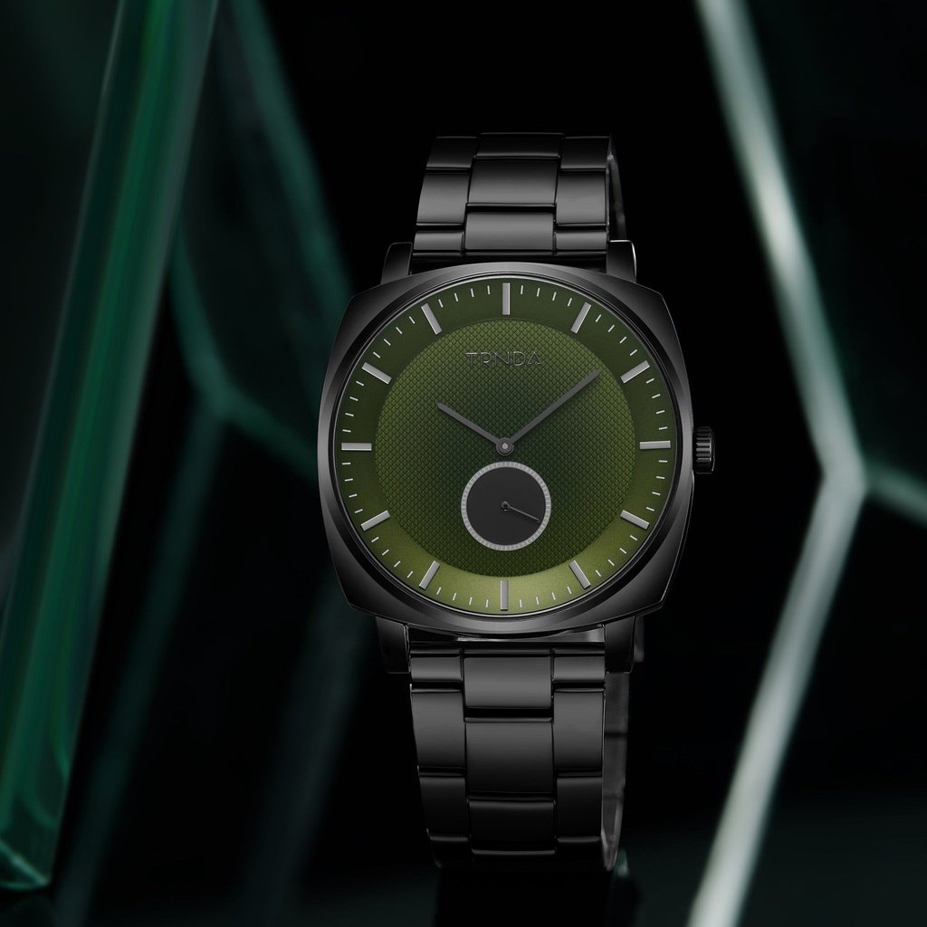 TRNDA Men's Black Stainless Steel Watch, Seaweed Green Dial | TR45B-4