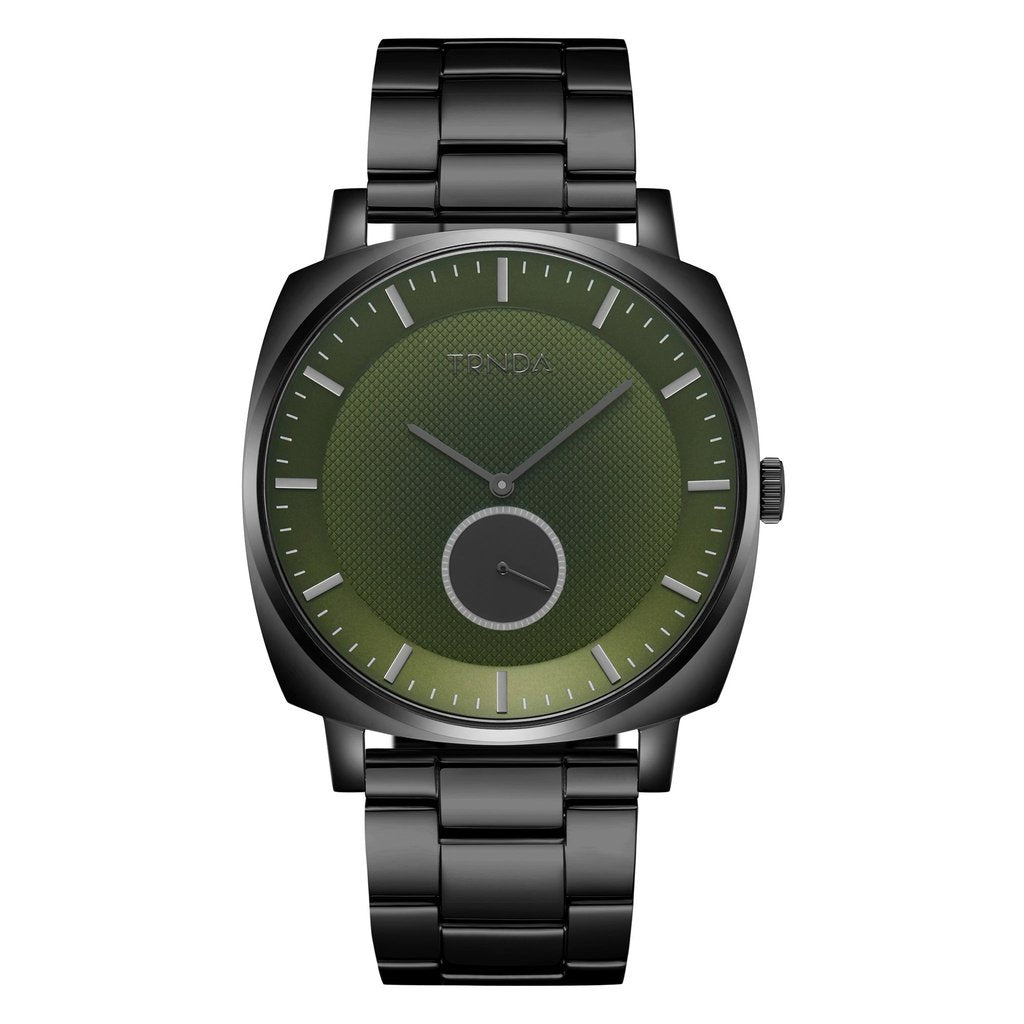 TRNDA Men's Black Stainless Steel Watch, Seaweed Green Dial | TR45B-0