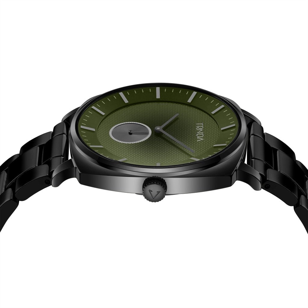 TRNDA Men's Black Stainless Steel Watch, Seaweed Green Dial | TR45B-1