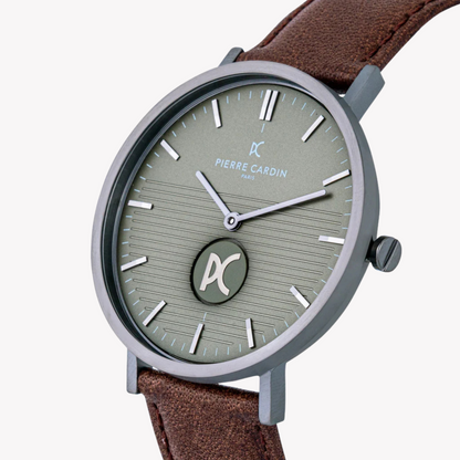 Pierre Cardin Men's Brown Leather Watch, Black Dial | CBV.1047-1