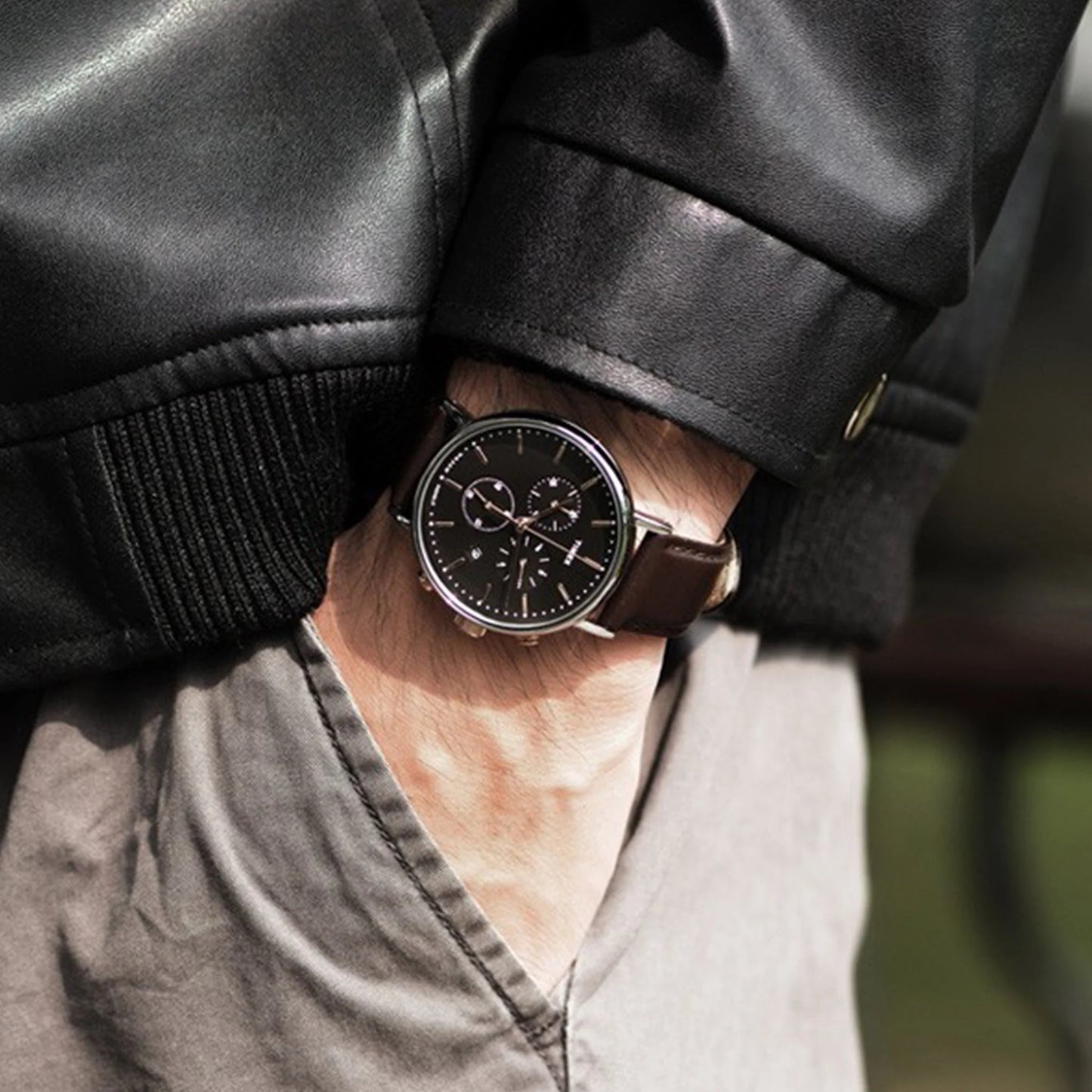 Timex Men's Brown Leather Watch, Black Dial | TW2T11500-4