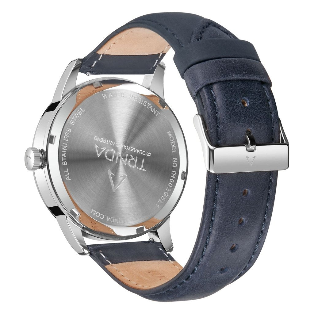 TRNDA Men's Stainless Steel Watch, Blue Leather Band | TRN-SS43-3