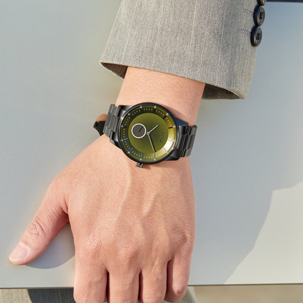 TRNDA Men's Black Stainless Steel Watch, Seaweed Green Dial | TRN43B-1