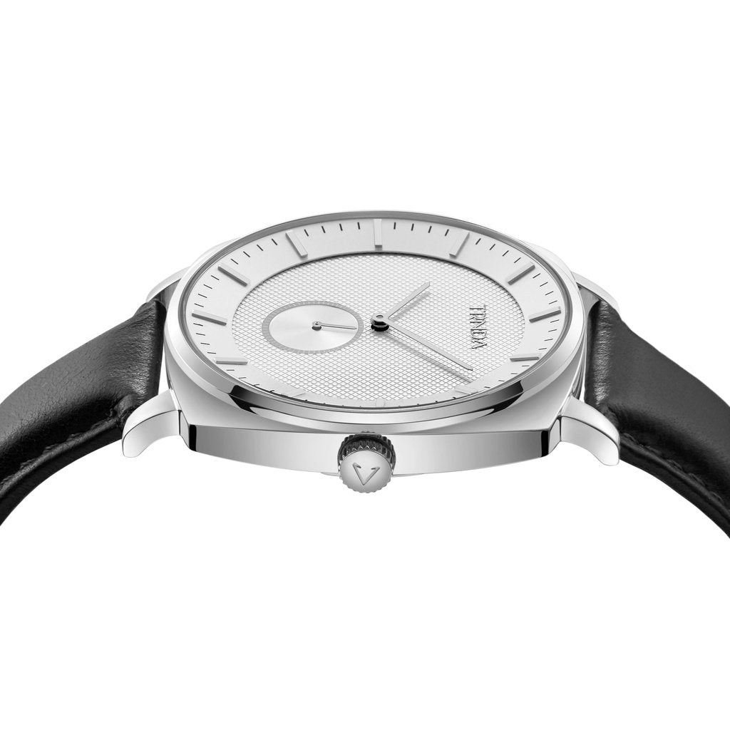 TRNDA Men's Stainless Steel Watch, Black Leather Band | TR45S-2