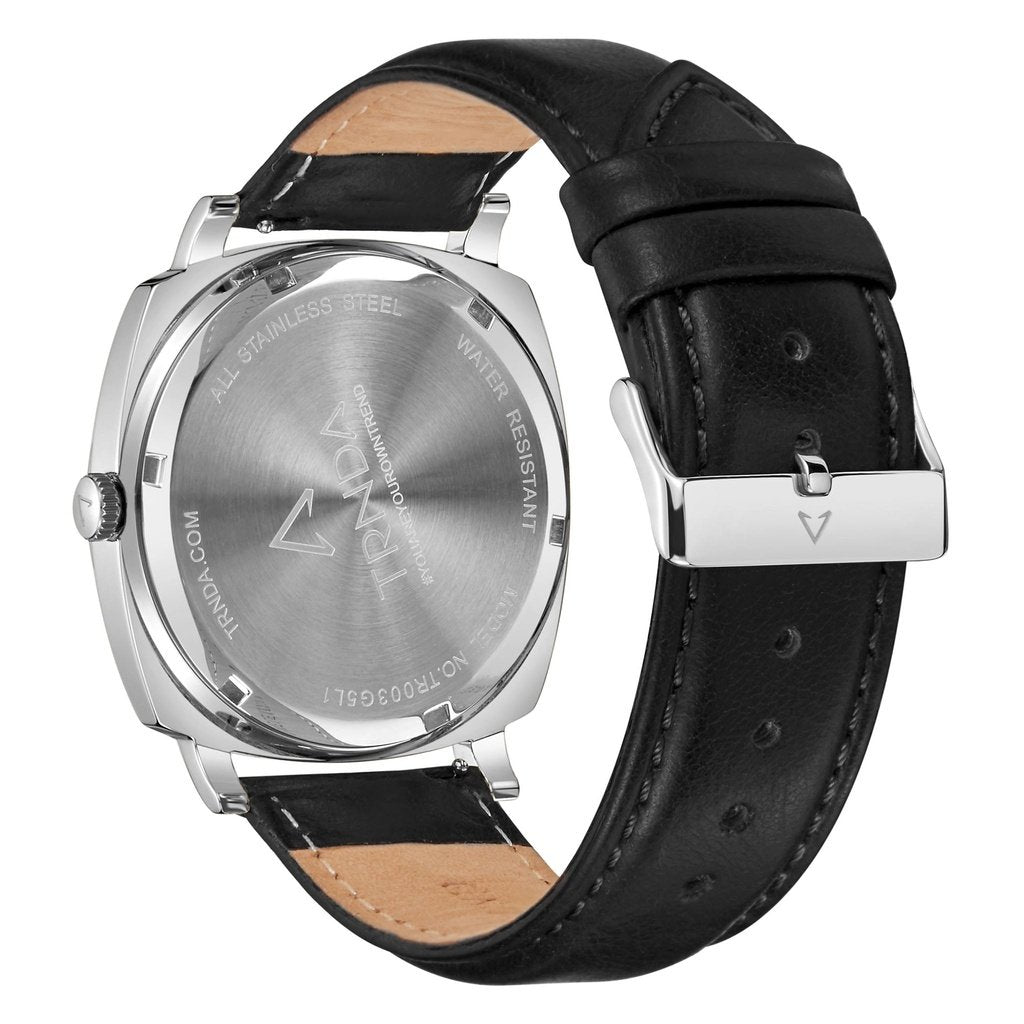 TRNDA Men's Stainless Steel Watch, Black Leather Band | TR45S-3