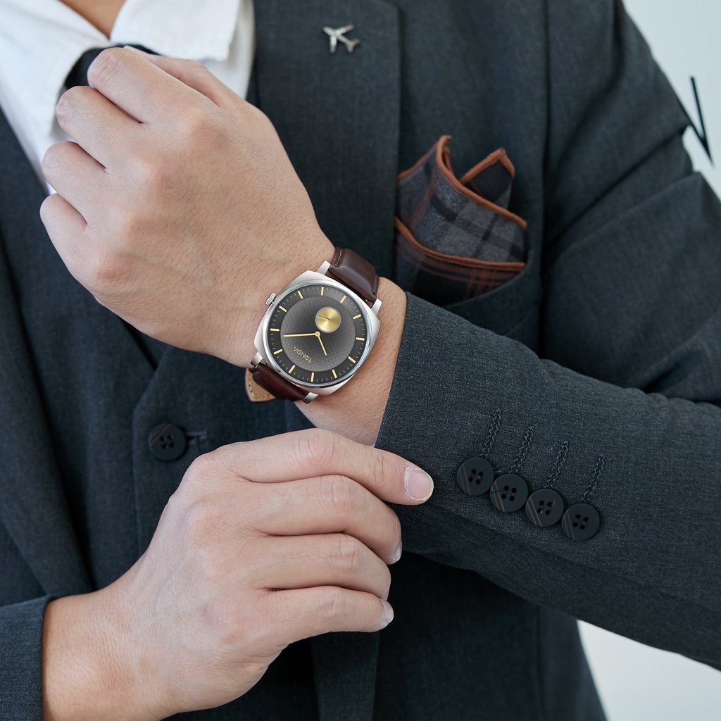 TRNDA Men's Stainless Steel Watch, Brown Leather Band | TRN-SS45-BR-1