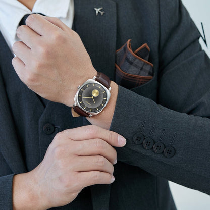 TRNDA Men's Stainless Steel Watch, Brown Leather Band | TRN-SS45-BR-1