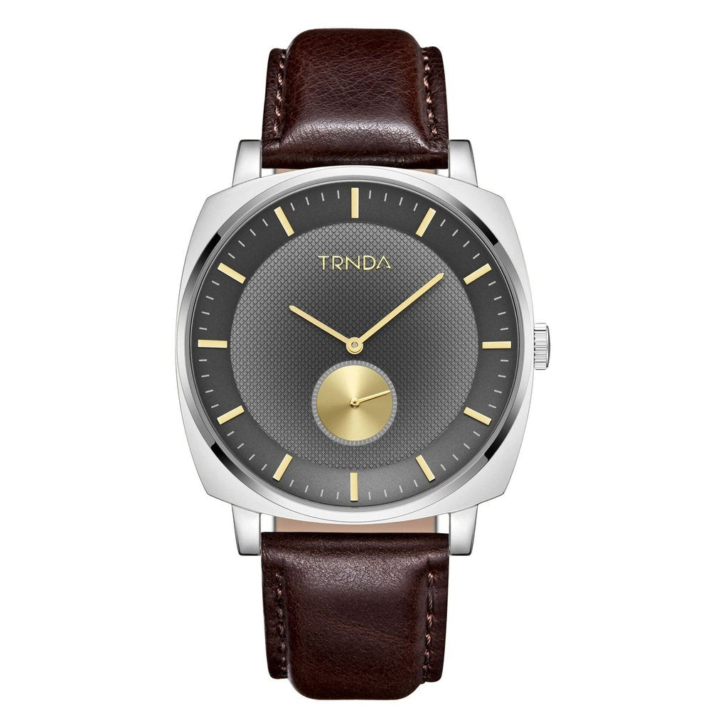 TRNDA Men's Stainless Steel Watch, Brown Leather Band | TRN-SS45-BR-0