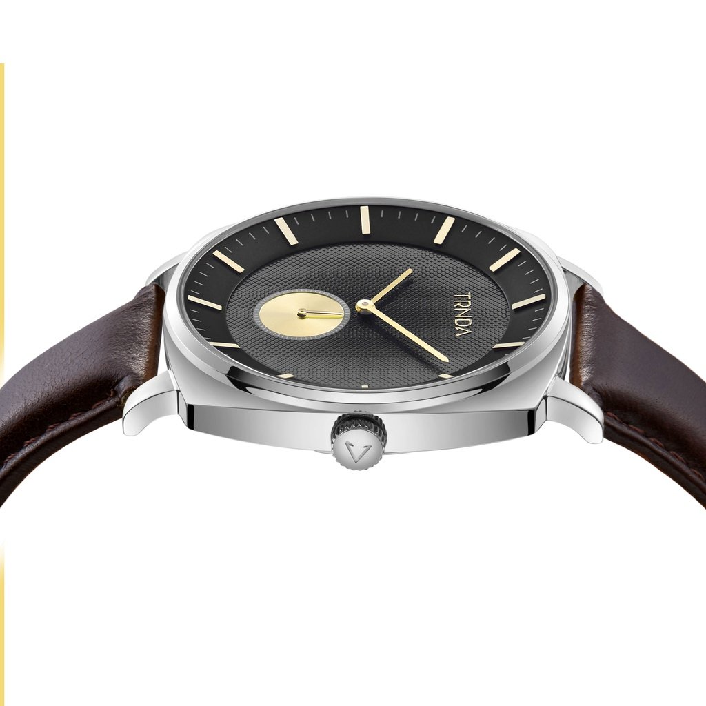 TRNDA Men's Stainless Steel Watch, Brown Leather Band | TRN-SS45-BR-2