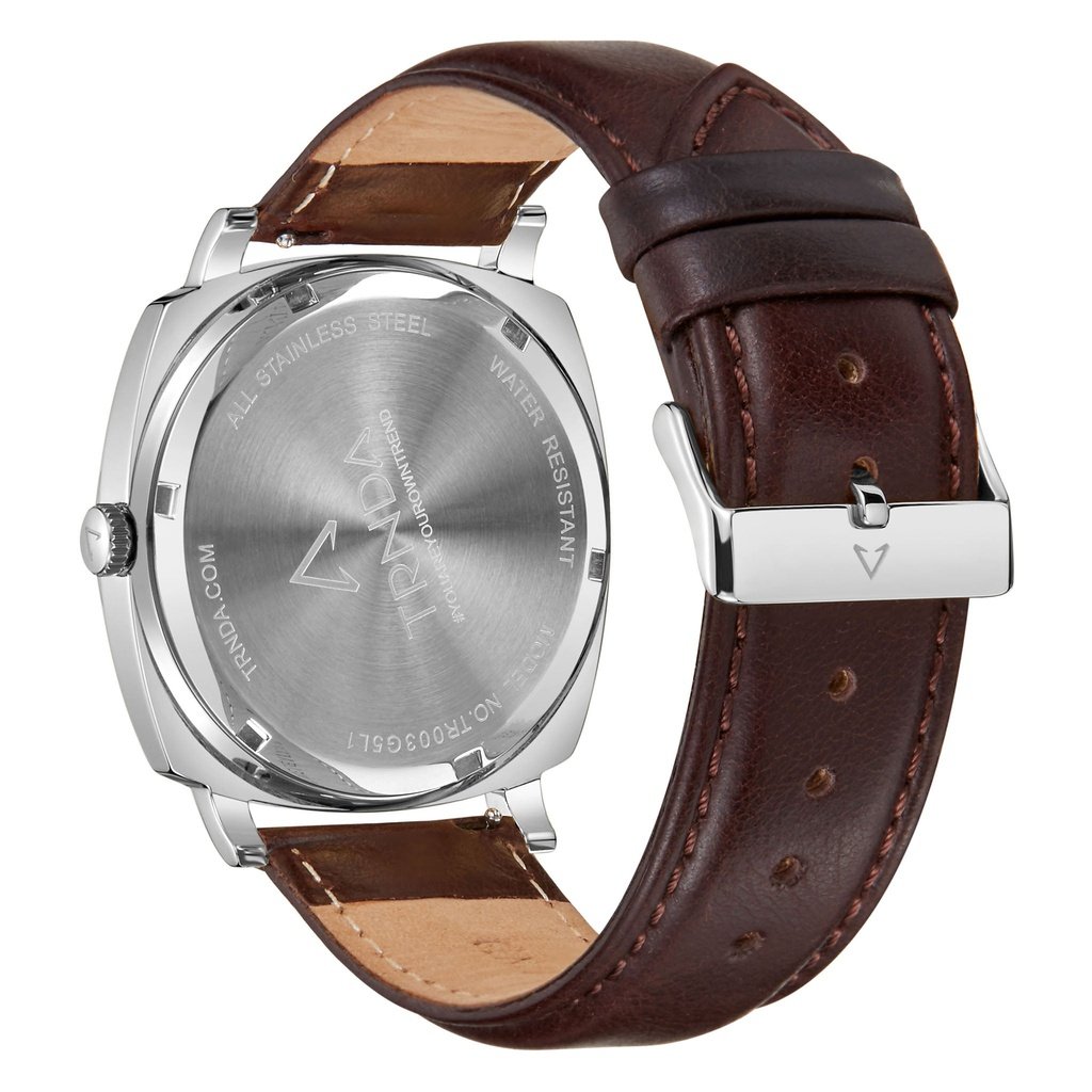 TRNDA Men's Stainless Steel Watch, Brown Leather Band | TRN-SS45-BR-3