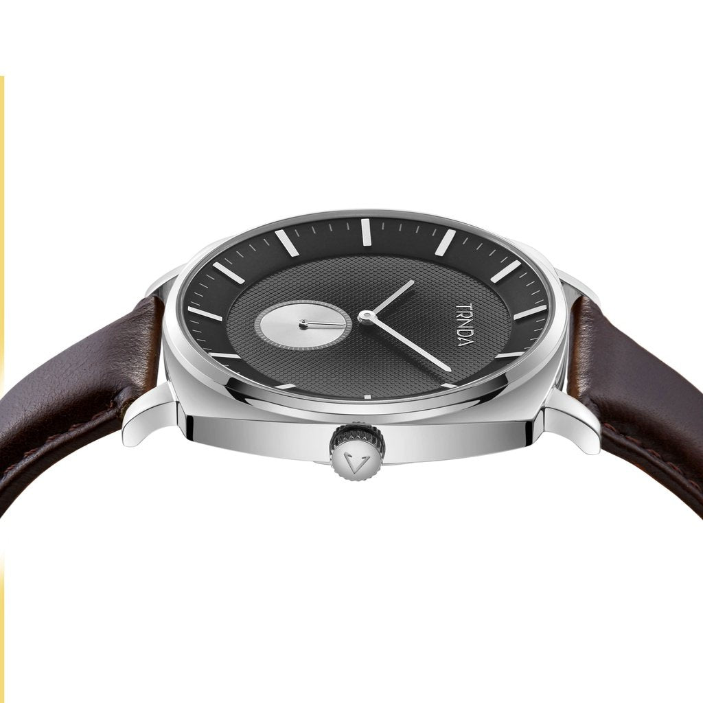 TRNDA Men's Stainless Steel Watch, Brown Leather Band | TR45MMSS-2