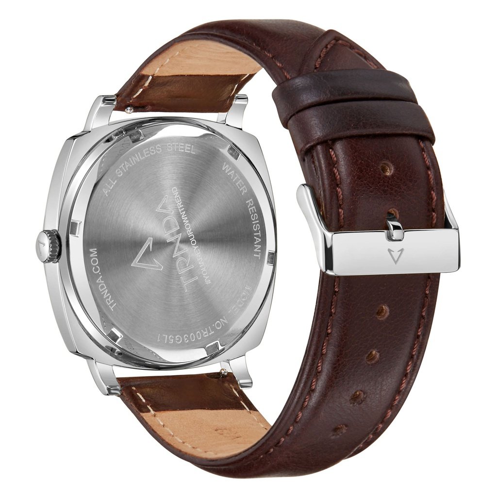 TRNDA Men's Stainless Steel Watch, Brown Leather Band | TR45MMSS-3