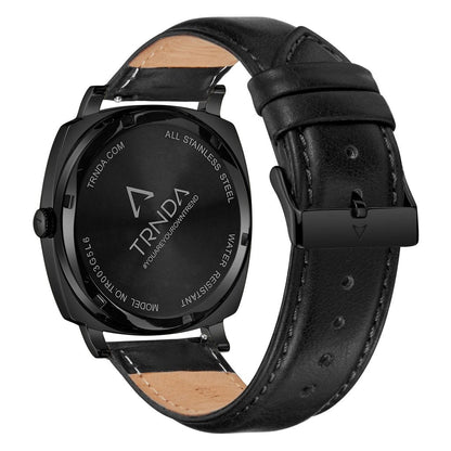 TRNDA Men's Black Stainless Steel Watch, Leather Band | TRN45MM-3