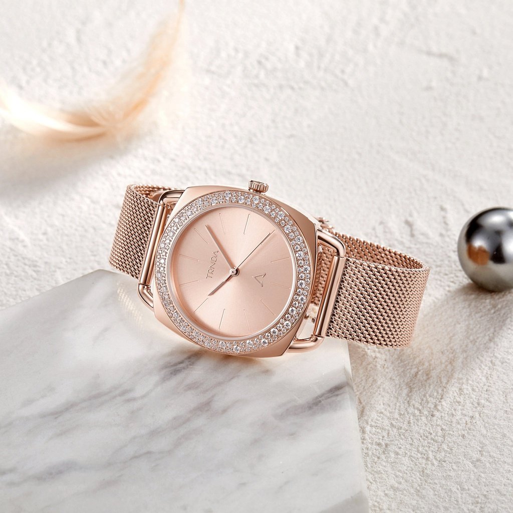 TRNDA Women's Rose Gold Stainless Steel Watch, Mesh Band | TRN-358-4