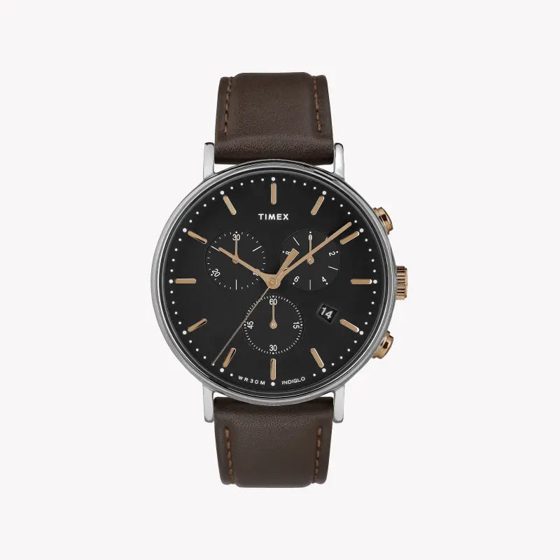 Timex Men's Brown Leather Watch, Black Dial | TW2T11500-0