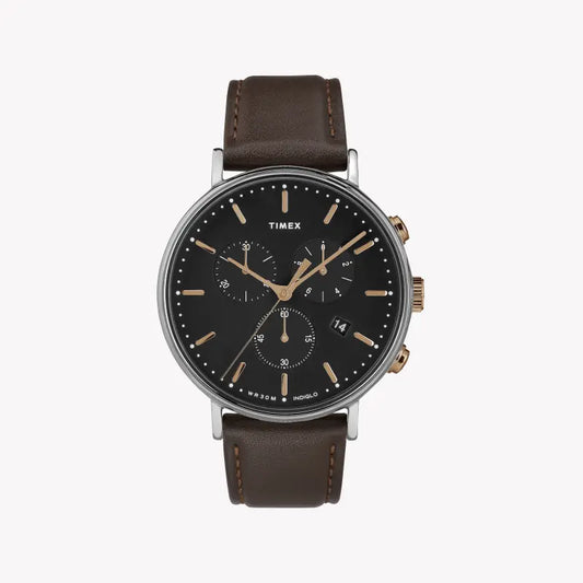 Timex Men's Brown Leather Watch, Black Dial | TW2T11500-0