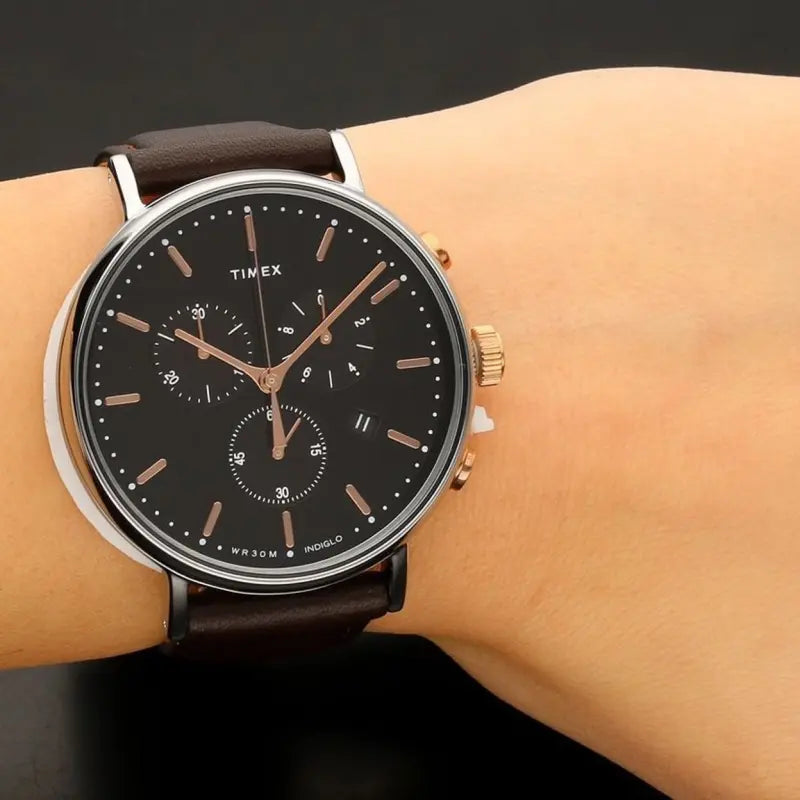 Timex Men's Brown Leather Watch, Black Dial | TW2T11500-3