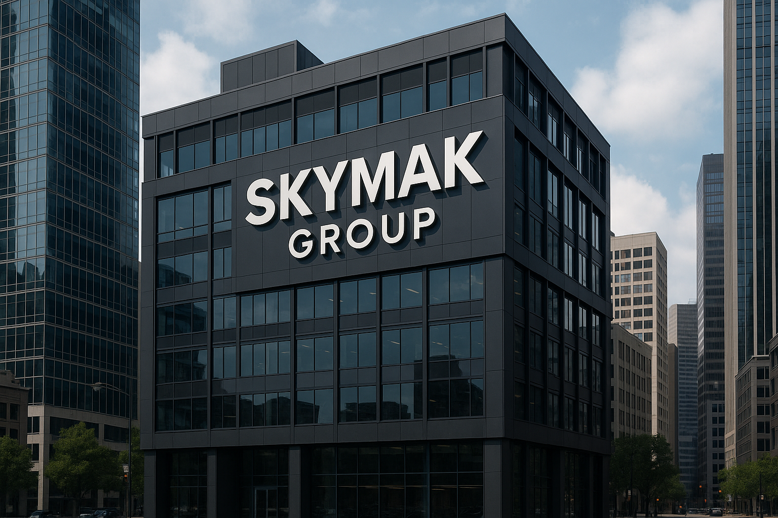 corporate office in a city with a bold name sign ready SKYMAK GROUP