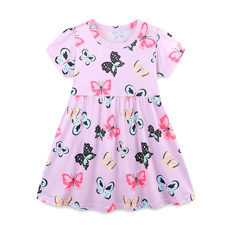 Summer Arrival Colorful Butterfly Pattern Short Sleeves Dress for Stylish Girls-0